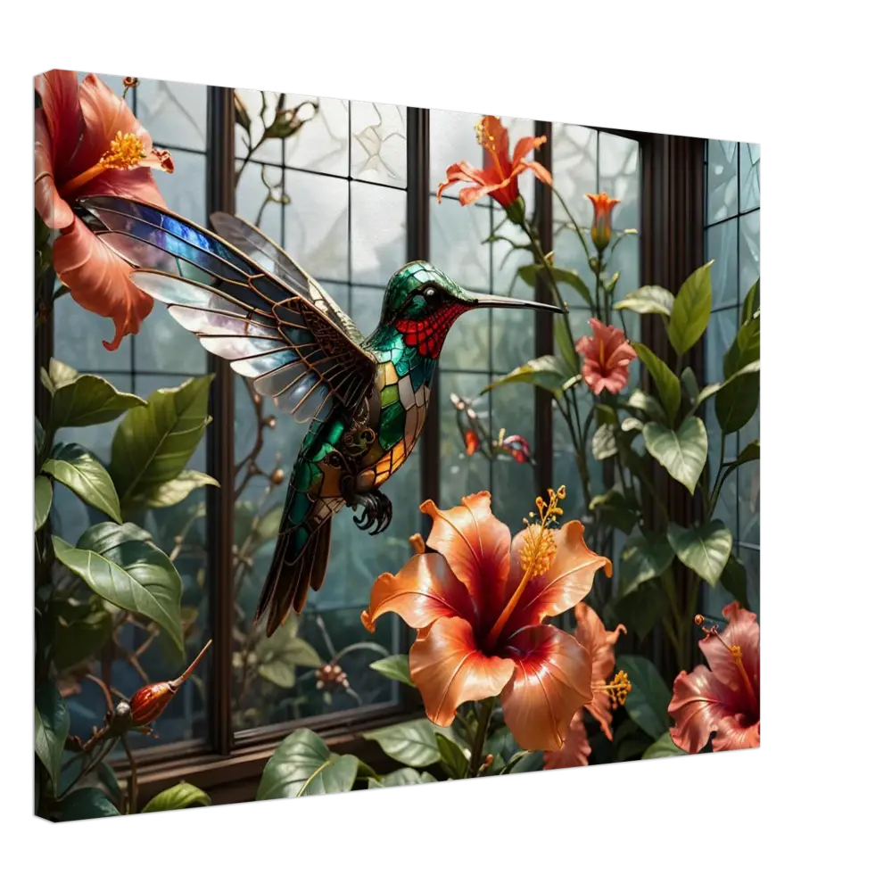 Stained-glass hummingbird among hibiscus flowers in Canvas Steampunk Hummingbird Nature Art