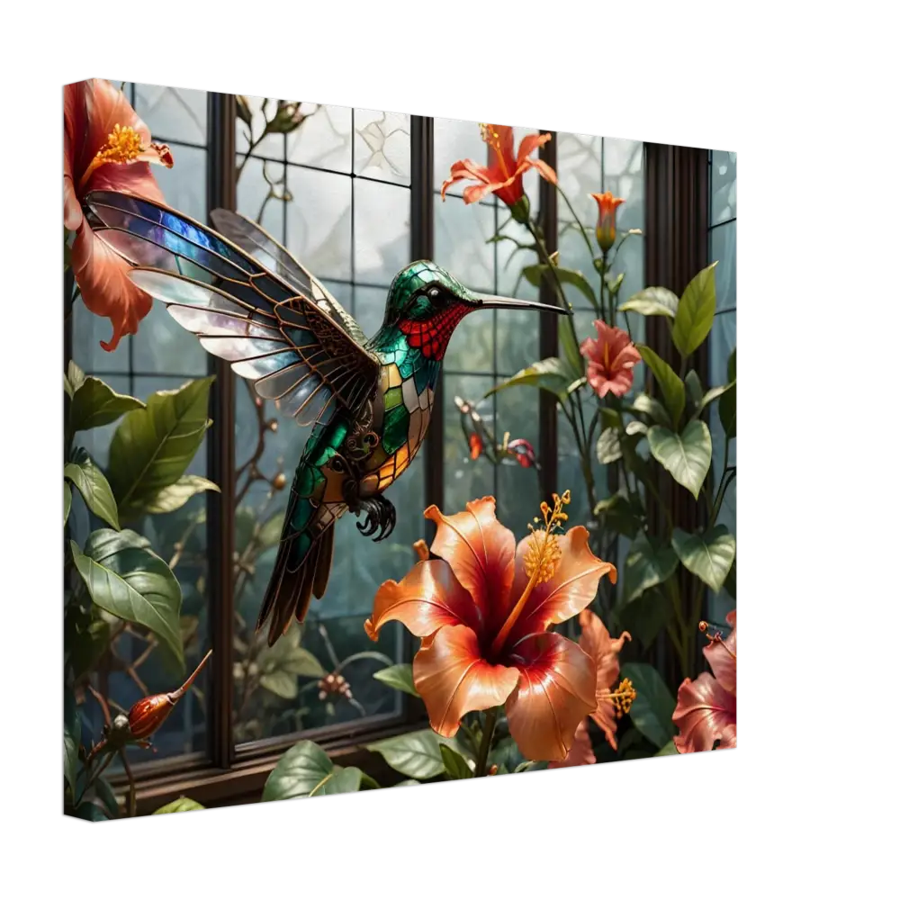 Stained glass Steampunk hummingbird with hibiscus flowers in PixiOnyx Botanical Glitchpiece Canvas
