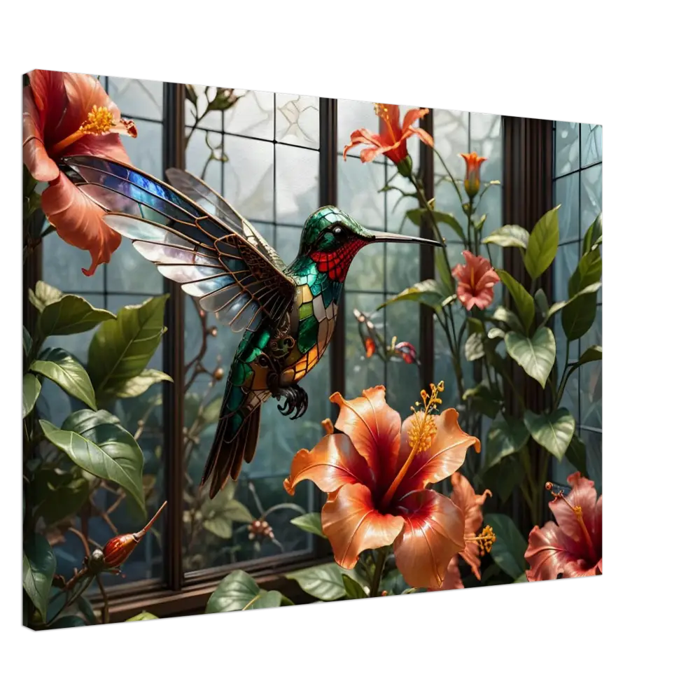 Stained glass hummingbird among hibiscus flowers in Canvas Steampunk Hummingbird Nature Art