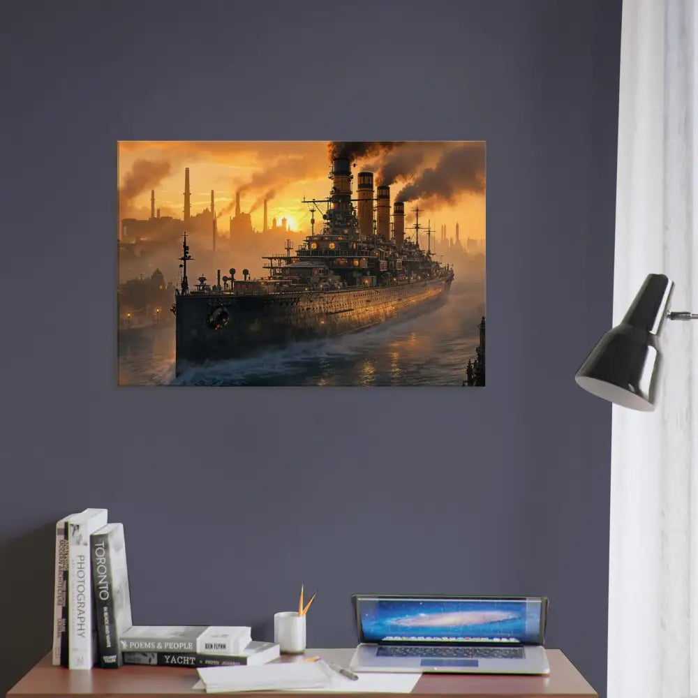 Print of battleship at sunset on Canvas – Steel Leviathan at Dusk with PixiOnyx industrial dreamweave and steam wrapped canvas texture