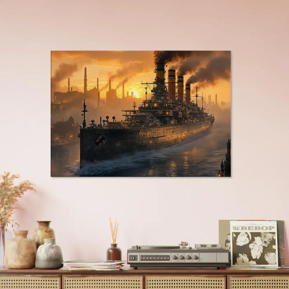 PixiOnyx Industrial Dreamweave steam wrapped canvas texture of steampunk battleship at sunset