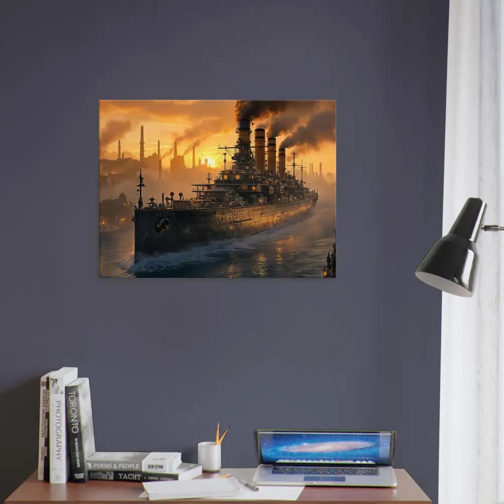 PixiOnyx Industrial Dreamweave canvas texture wall poster of steam wrapped battleship at sunset