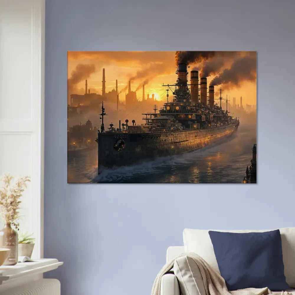Canvas print of steampunk battleship at sunset showcasing PixiOnyx Industrial Dreamweave texture