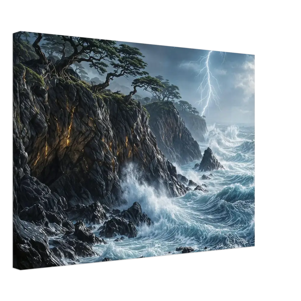 PixiOnyx Immersive Wallscape of Stormroot Cliffs with crashing waves and lightning showcasing enhanced texture and timeless beauty