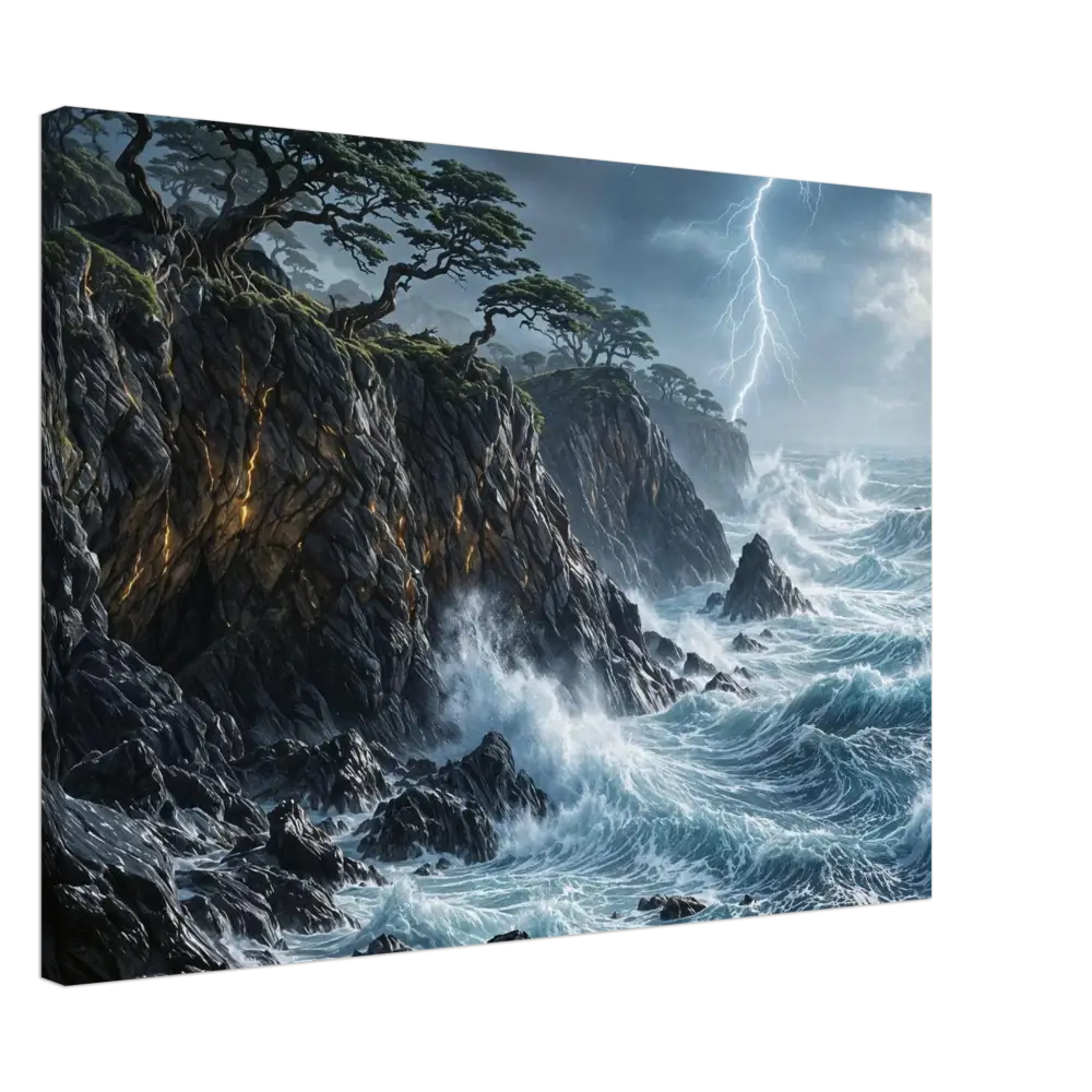 PixiOnyx immersive wallscape of stormy sea crashing cliffs with enhanced texture and timeless beauty