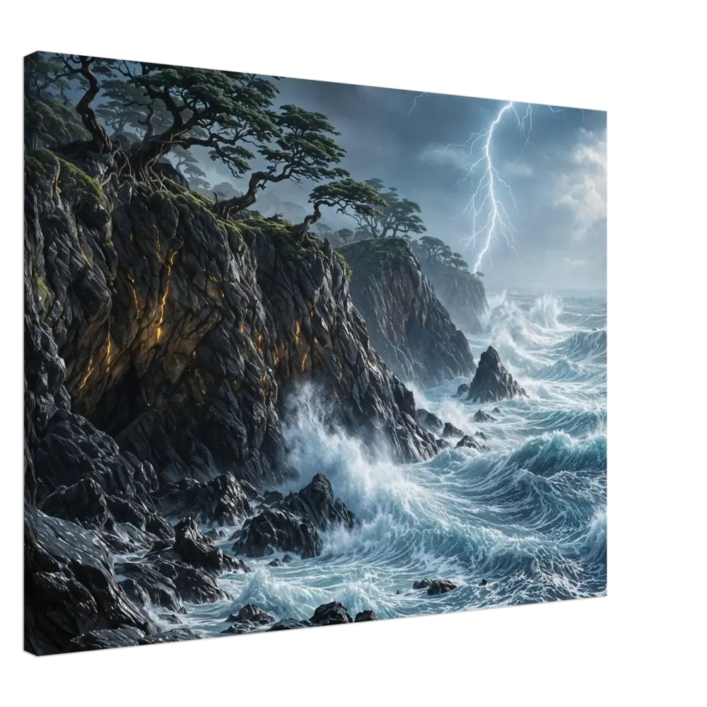 PixiOnyx Immersive Wallscape of Stormroot Cliffs with stormy sea and lightning, enhanced texture
