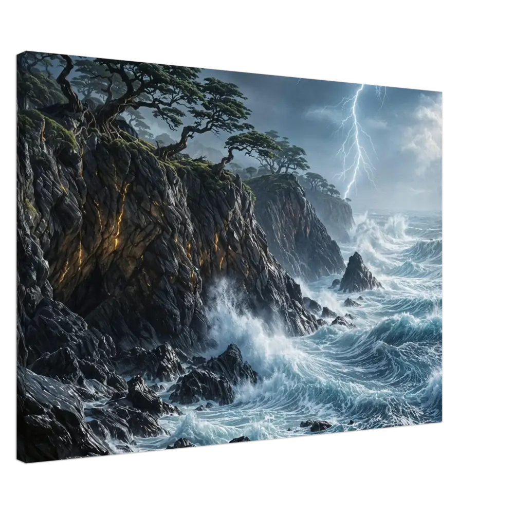 PixiOnyx Immersive Wallscape of stormy coastline with crashing waves and lightning showing enhanced texture and timeless beauty
