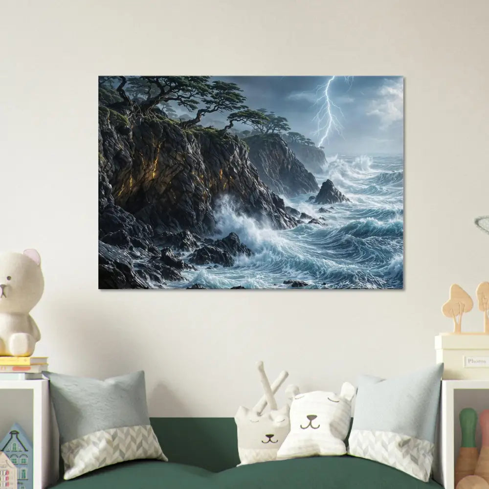 Canvas print of stormy ocean scene with lightning and crashing waves for PixiOnyx Immersive Wallscape
