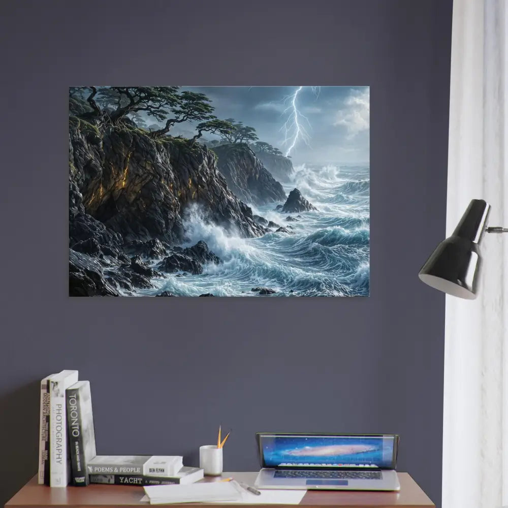 PixiOnyx Immersive Wallscape Canvas of stormy seascape with lightning and enhanced texture