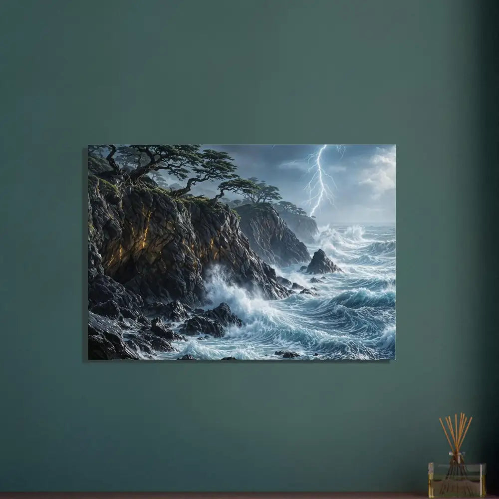 Canvas print of stormy coastline with crashing waves and lightning for PixiOnyx Immersive Wallscape
