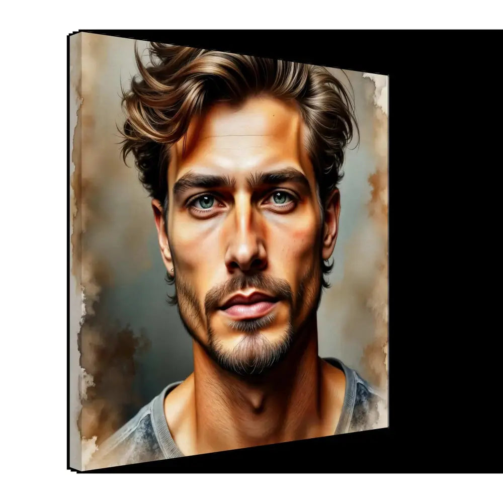 Canvas print of a handsome man with brown hair and blue eyes from Stormworn Resolve PixiOnyx Studio Texture Series