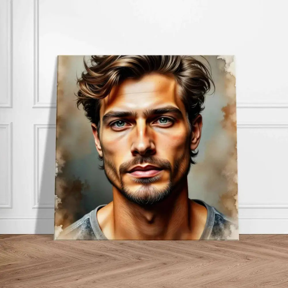 A realistic painting of a handsome man with wavy brown hair, a short beard, and striking blue-green eyes.