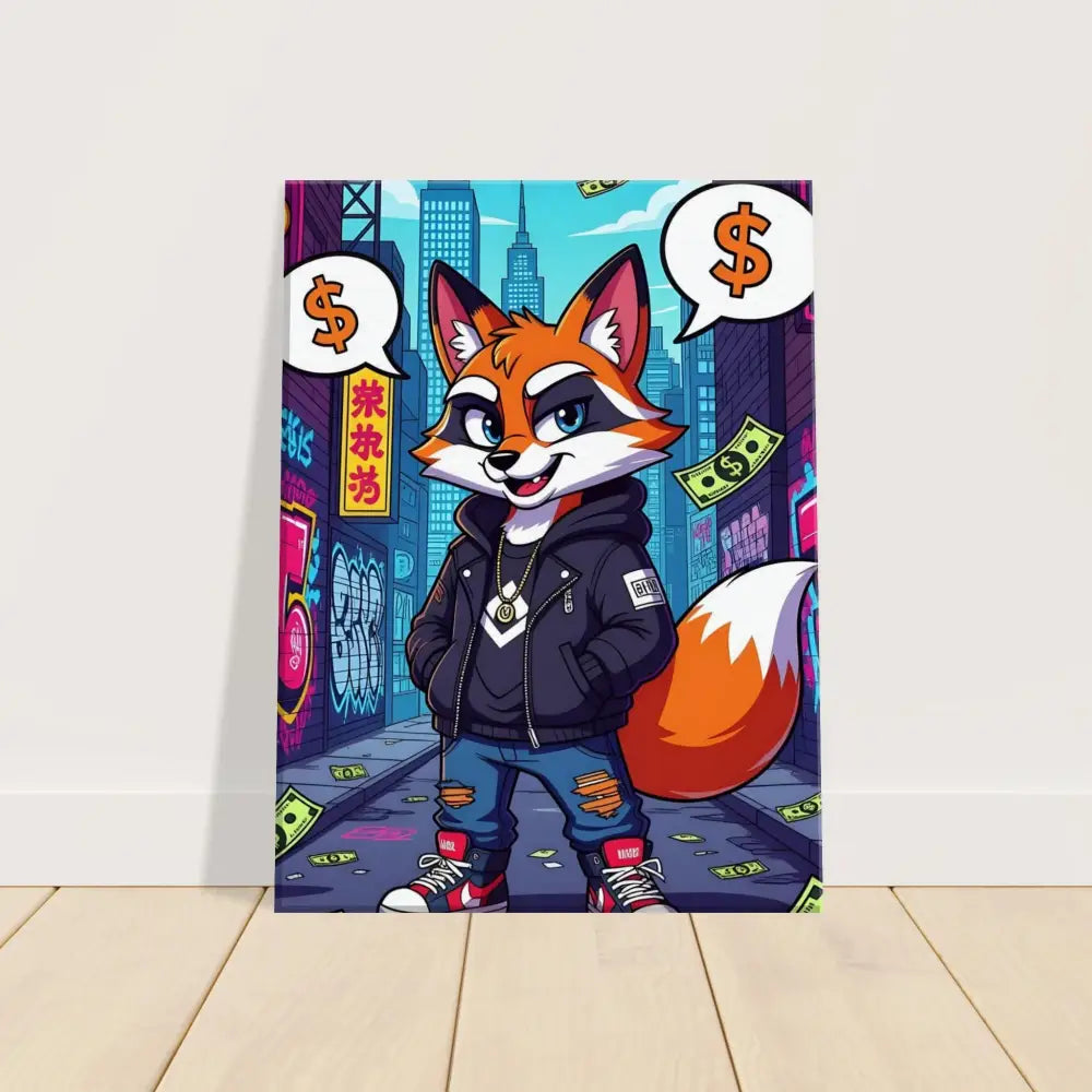 Cartoon fox in streetwear on PixiOnyx Alleyway Canvas for modern urban decor