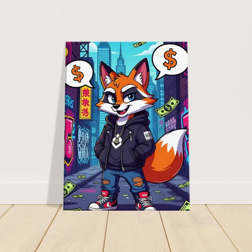 Colorful Cartoon Fox Art Print on Canvas titled Street Hustle Fox by PixiOnyx Alleyway