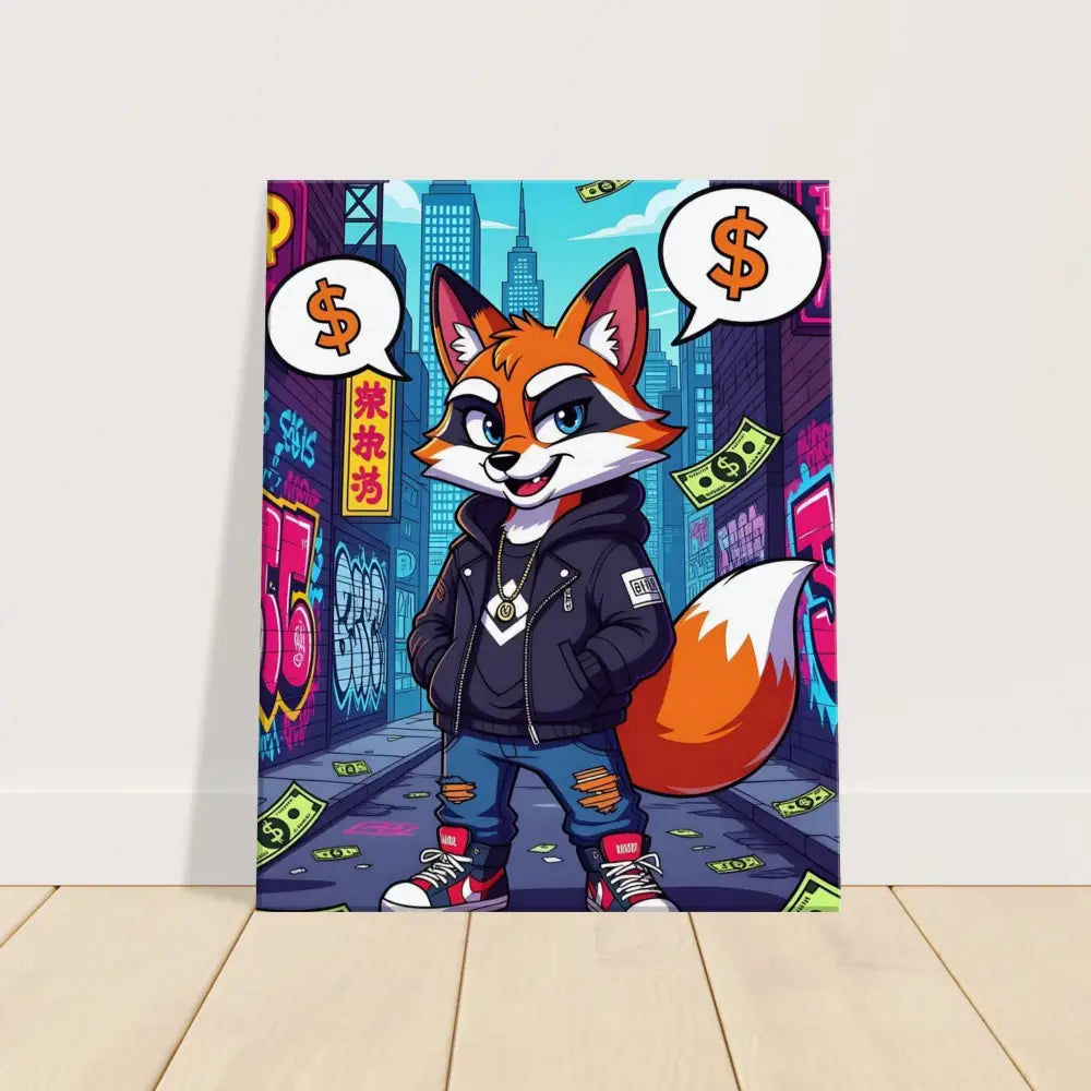 Cartoon fox art print on Canvas – Street Hustle Fox by PixiOnyx Alleyway Canvas