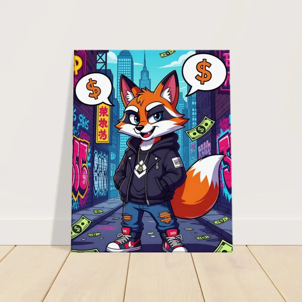 Cartoon fox in streetwear on Canvas – Street Hustle Fox PixiOnyx Alleyway Canvas