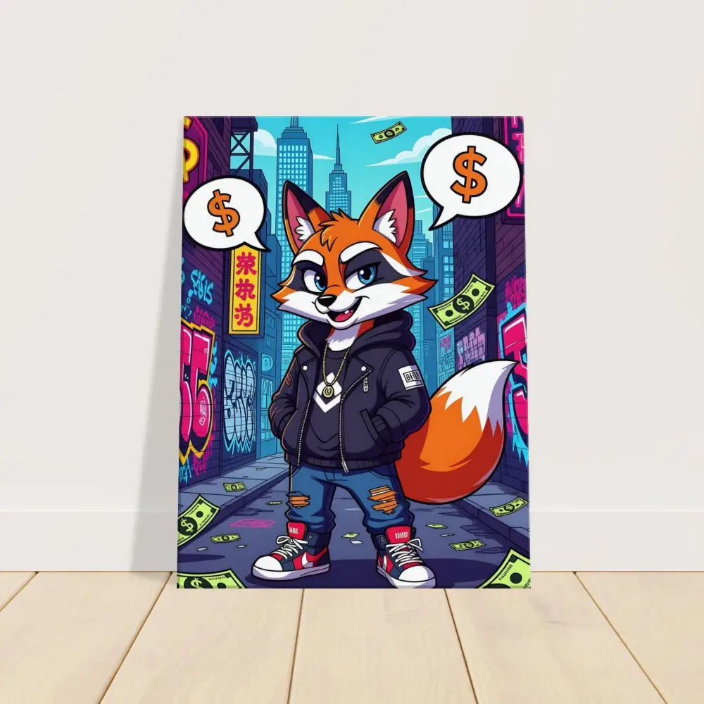 Cartoon fox in streetwear on PixiOnyx Alleyway Canvas product display
