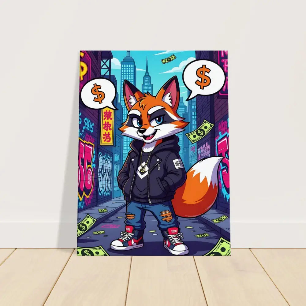 Cartoon fox in streetwear on PixiOnyx Alleyway Canvas titled Canvas Street Hustle Fox