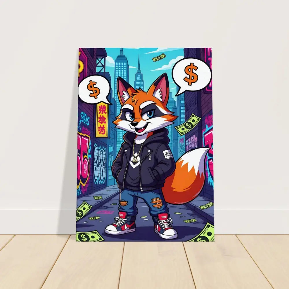Cartoon fox art print on Canvas Street Hustle Fox by PixiOnyx Alleyway Canvas