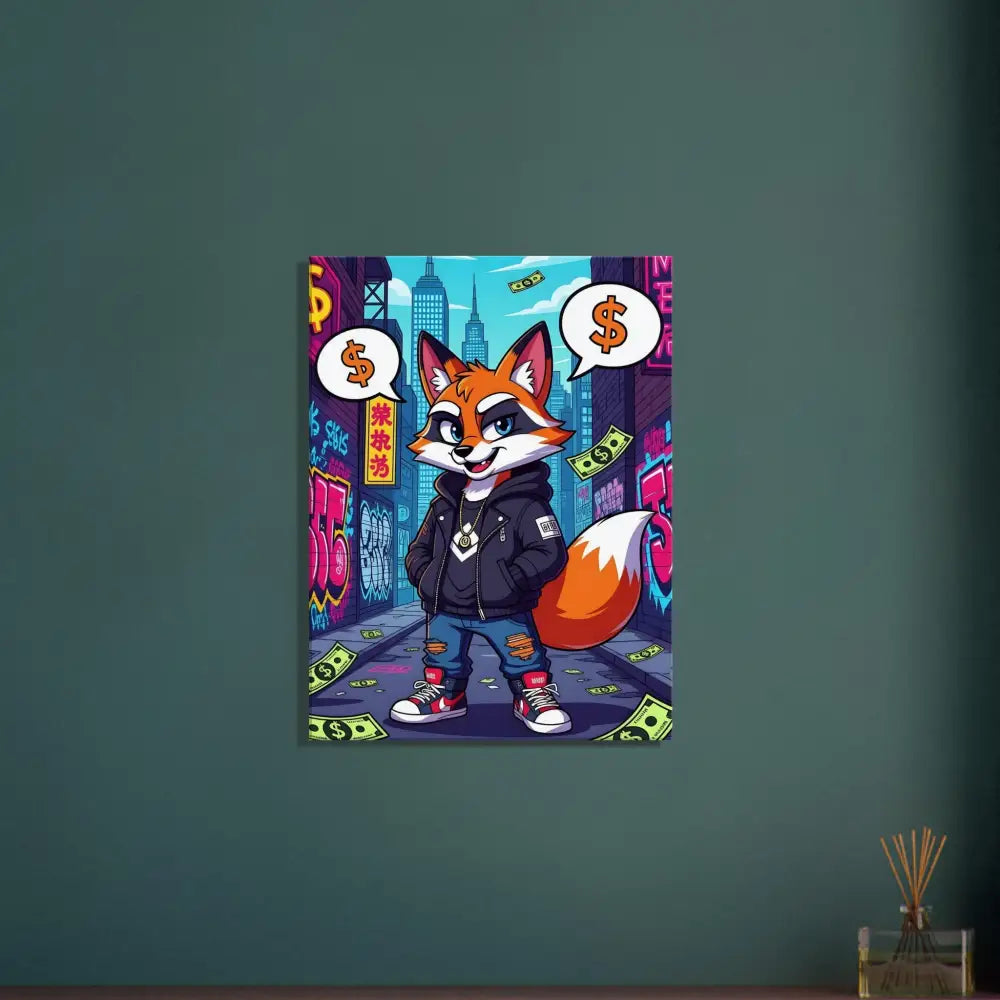 Cartoon fox holding money on Canvas Street Hustle Fox PixiOnyx Alleyway artwork
