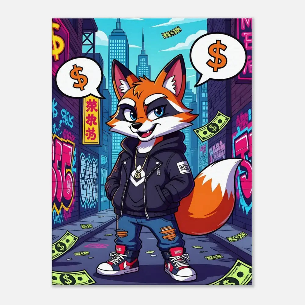 Cartoon fox in streetwear holding money on PixiOnyx Alleyway Canvas titled Canvas Street Hustle Fox