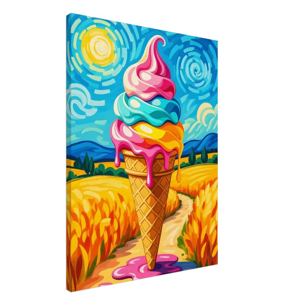 Colorful ice cream cone painting on PixiOnyx Playful Canvas titled Sunlit Swirl of Pastoral Chaos