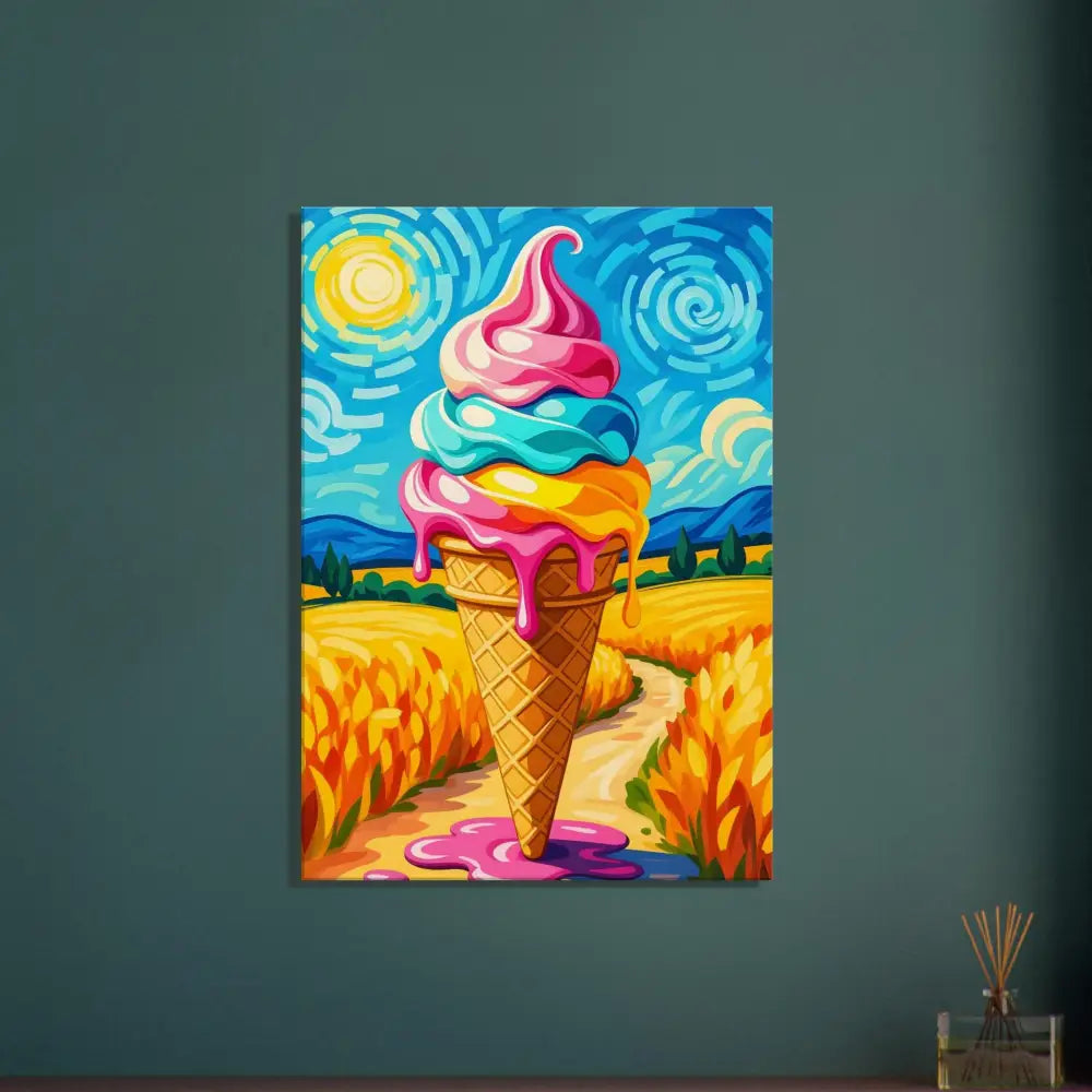 Colorful ice cream cone painting on PixiOnyx Playful Canvas Sunlit Swirl of Pastoral Chaos
