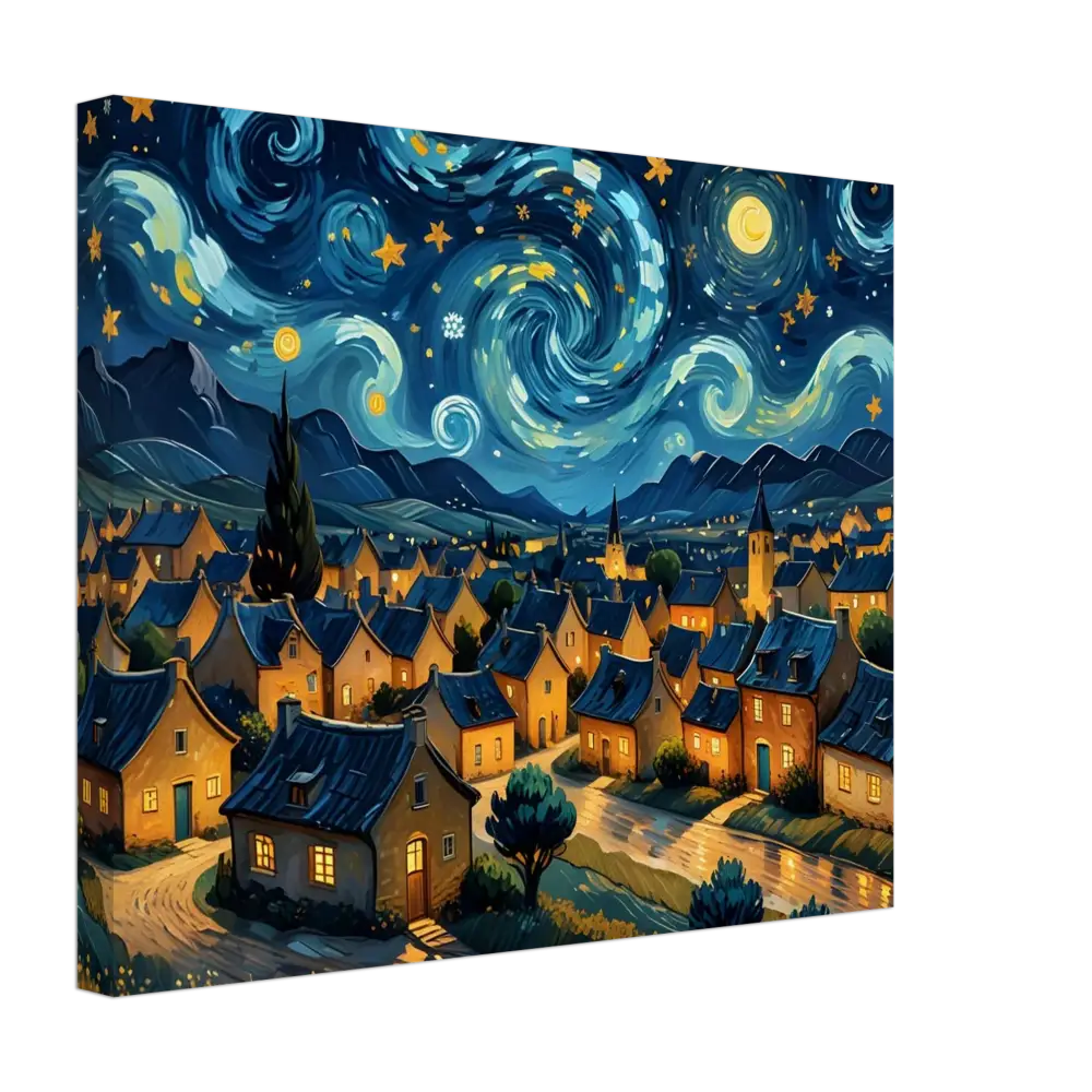 Whimsical village under a swirling starry night on PixiOnyx Dreamscape Canvas