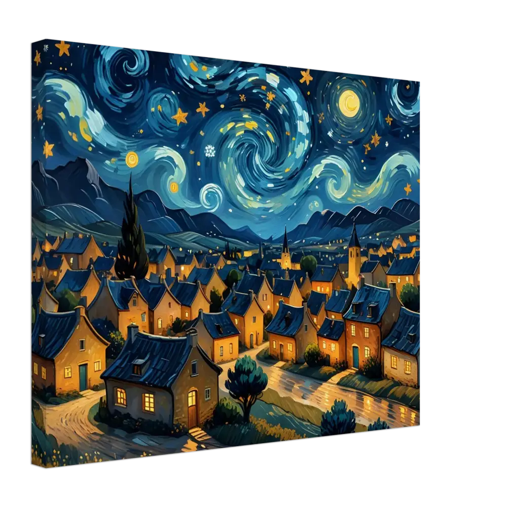 Whimsical village under a swirling starry night on PixiOnyx Dreamscape Canvas