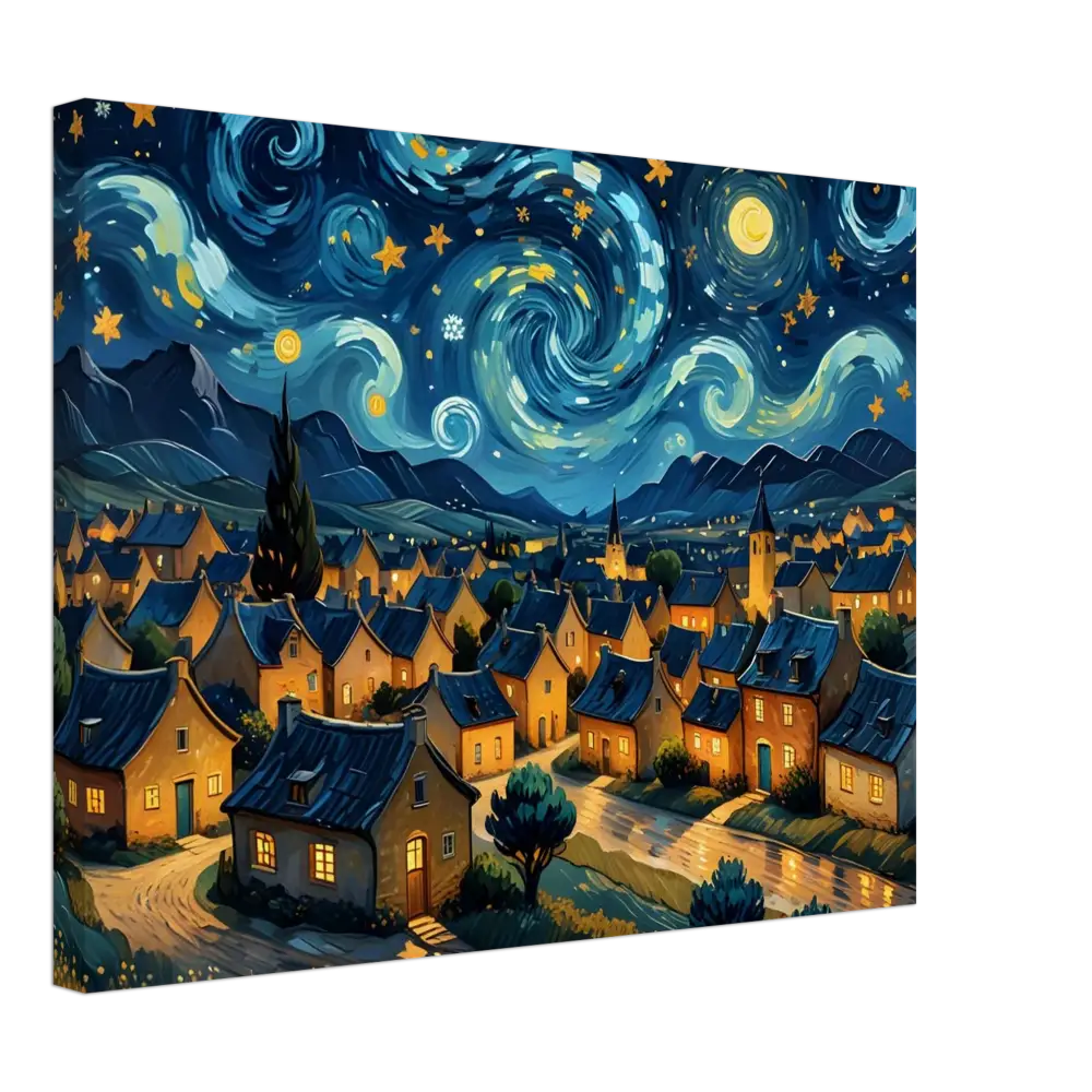 Whimsical village under a starry night sky on PixiOnyx Dreamscape Canvas