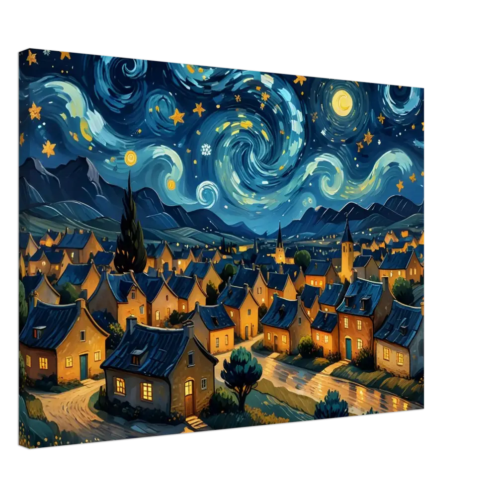 Whimsical village under a swirling starry night on PixiOnyx Dreamscape Canvas