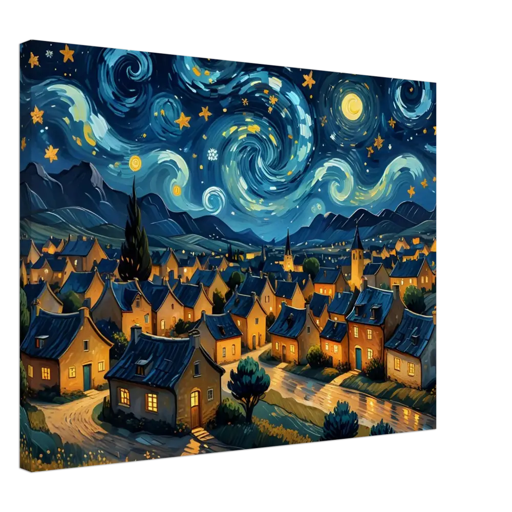 Whimsical village under swirling starry night in PixiOnyx Dreamscape Canvas artwork
