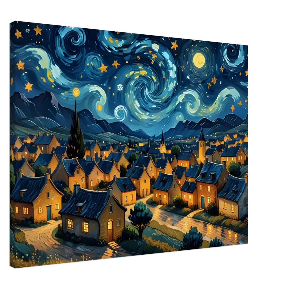 Whimsical village under a swirling starry night on PixiOnyx Dreamscape Canvas