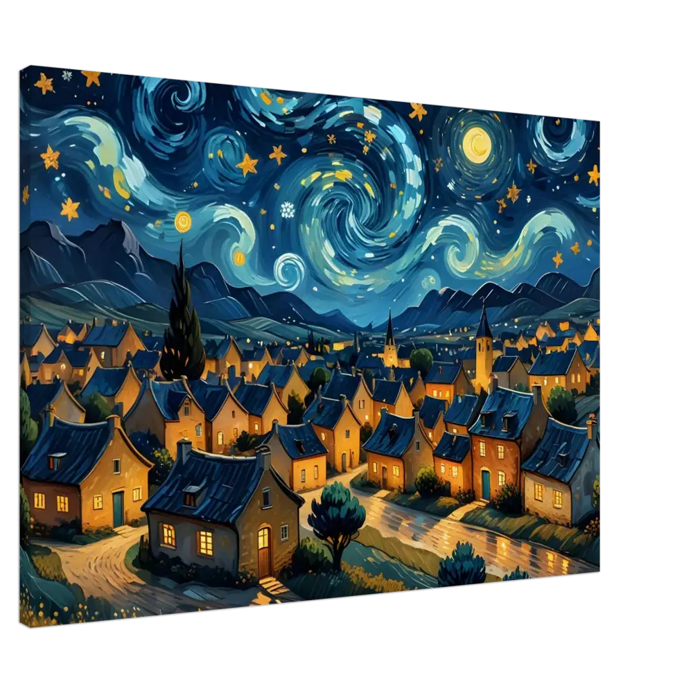 Starry night village painting displayed on Canvas Swirly Sky Village PixiOnyx Dreamscape