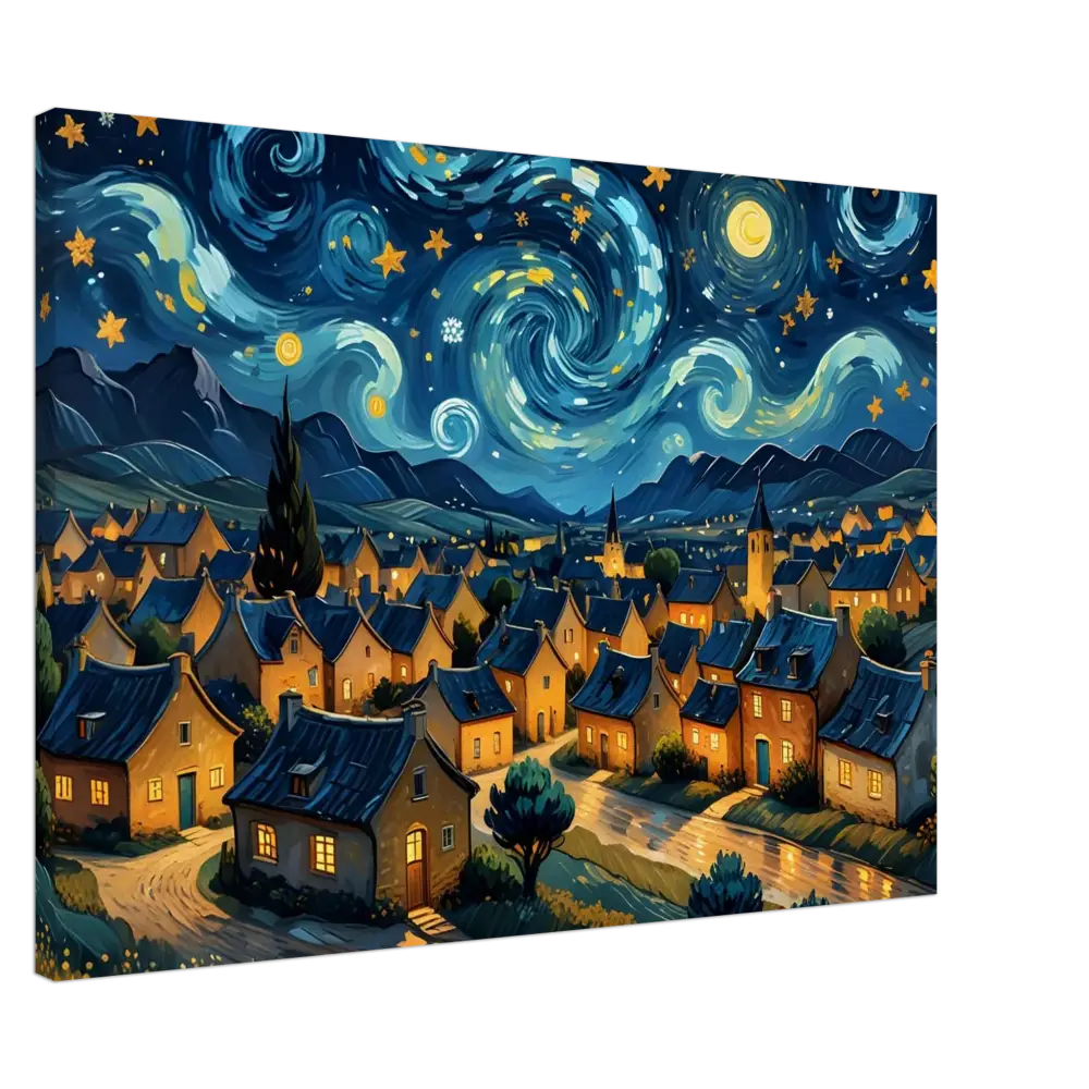 Whimsical village under a swirling starry night in PixiOnyx Dreamscape Canvas