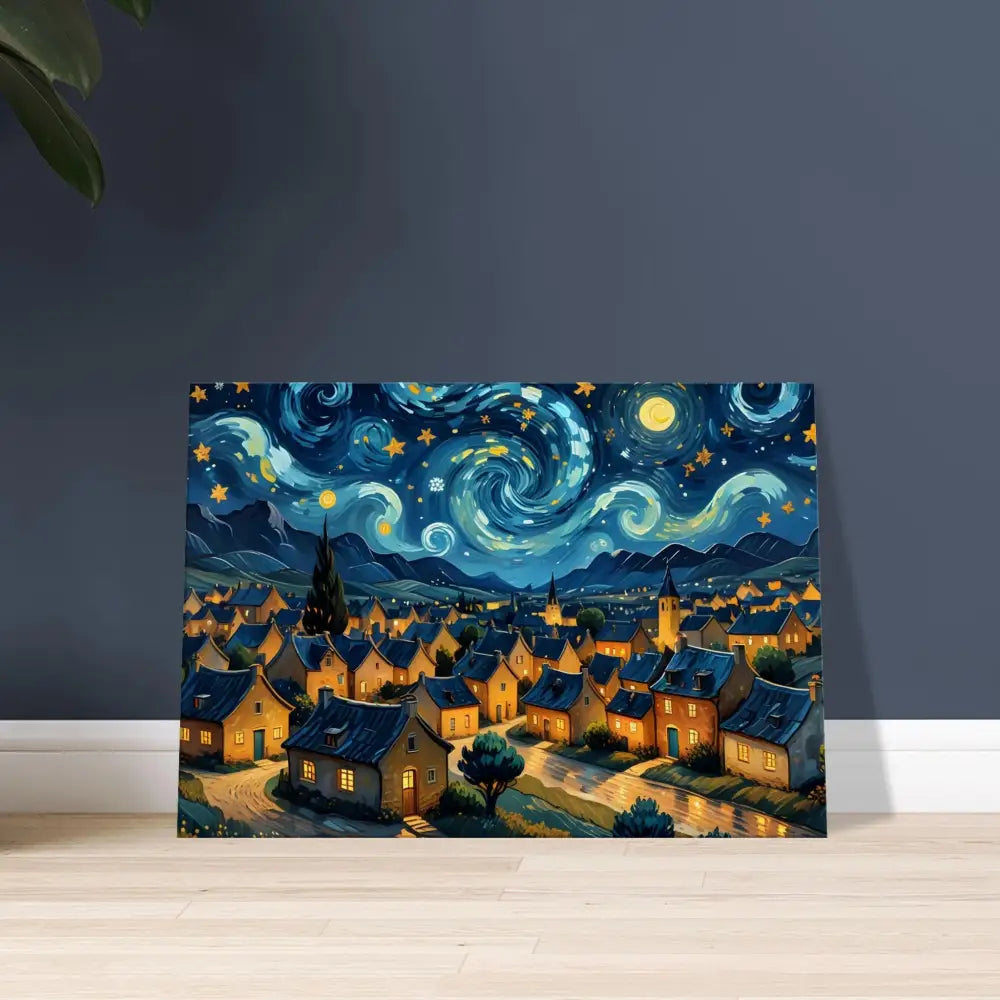 Starry Night style village painting on PixiOnyx Dreamscape Canvas featuring swirling sky art