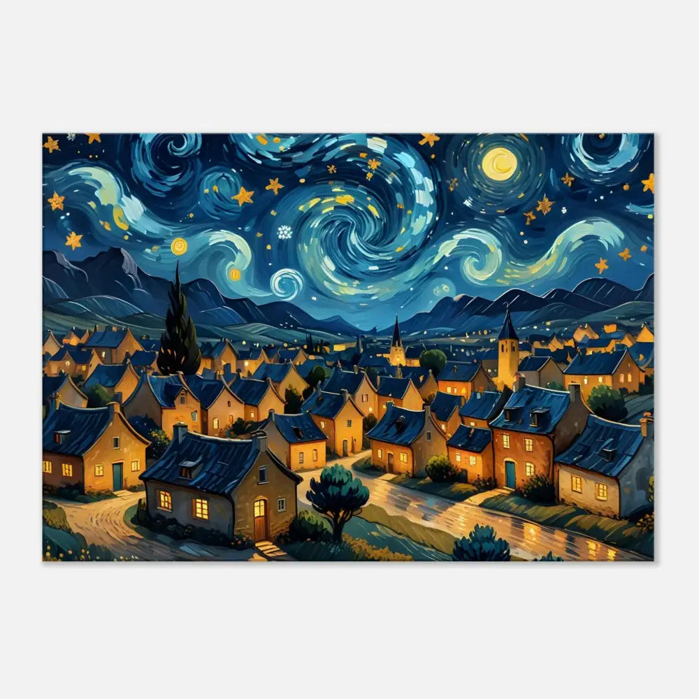 Starry night village painting on PixiOnyx Dreamscape Canvas showcasing a vibrant sky scene