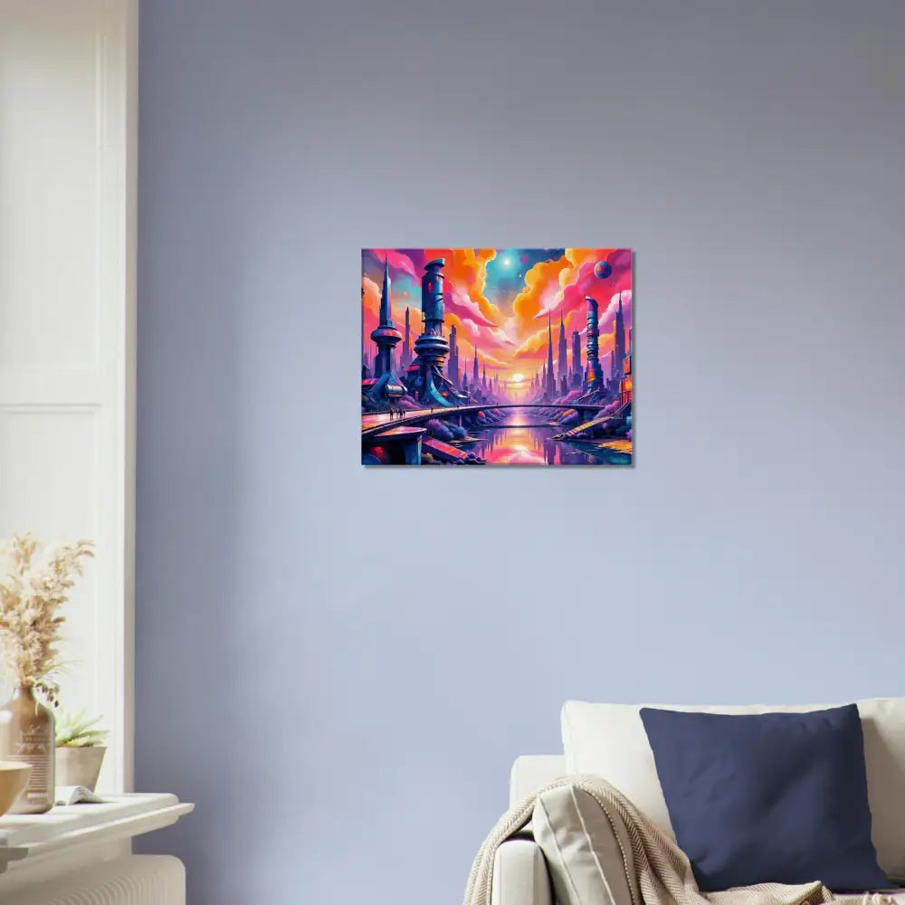 Futurism meets fantasy city skyline painting with gleaming architecture and neon-lit river beneath at sunset in Canvas – Symphony of Tomorrow | PixiOnyx Dreamcore Gallery