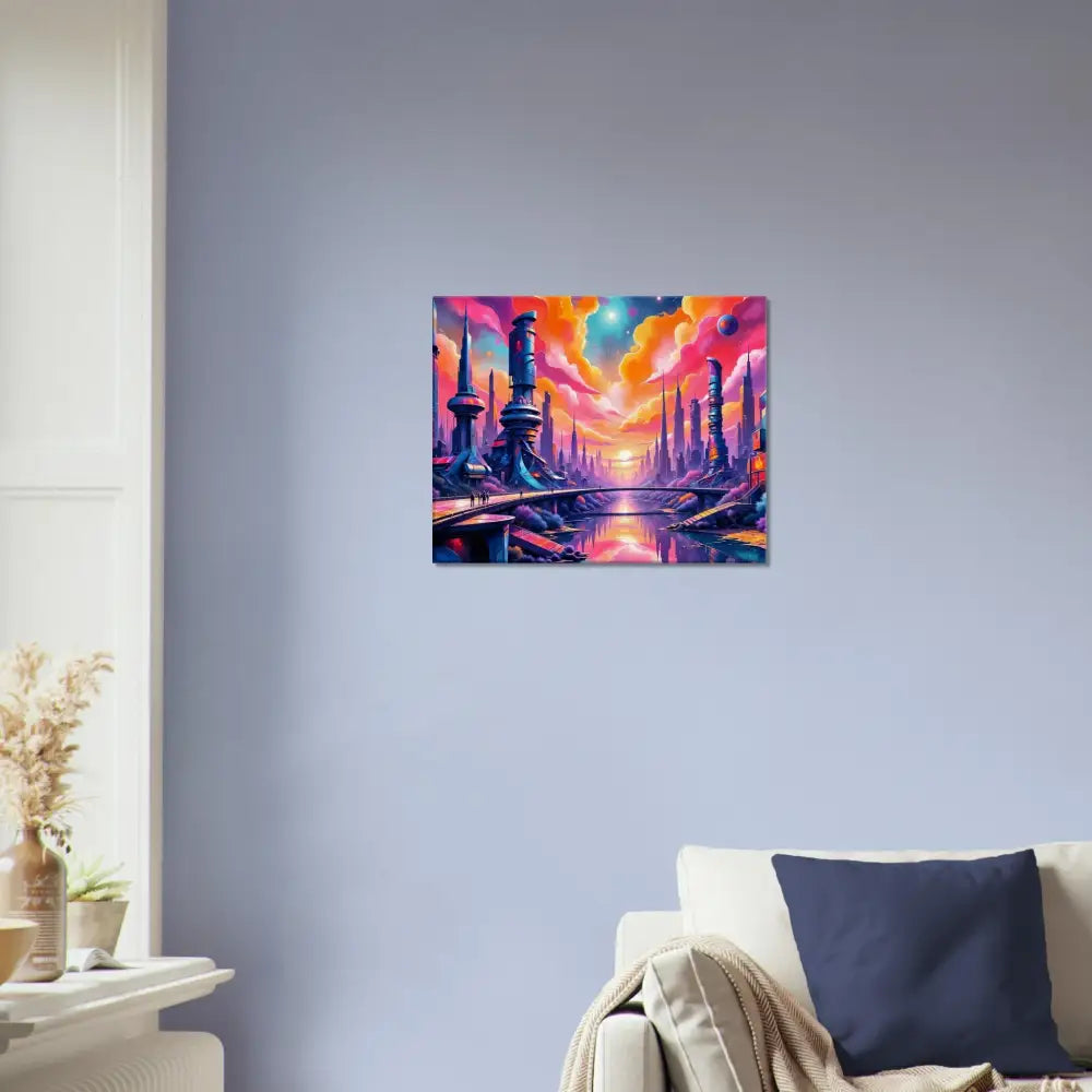Futurism meets fantasy cityscape painting with gleaming architecture and neon-lit river beneath at PixiOnyx Dreamcore Gallery