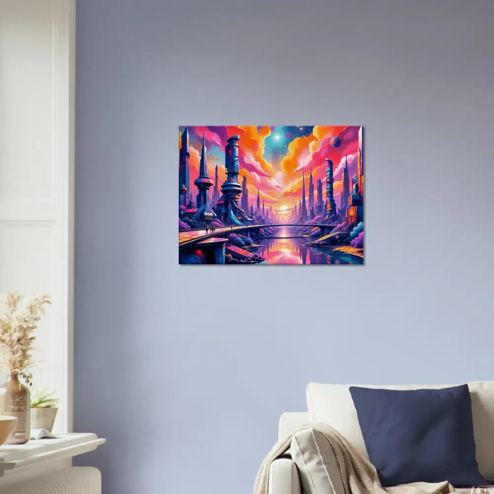Futurism meets fantasy cityscape painting with gleaming architecture and neon-lit river beneath at PixiOnyx Dreamcore Gallery