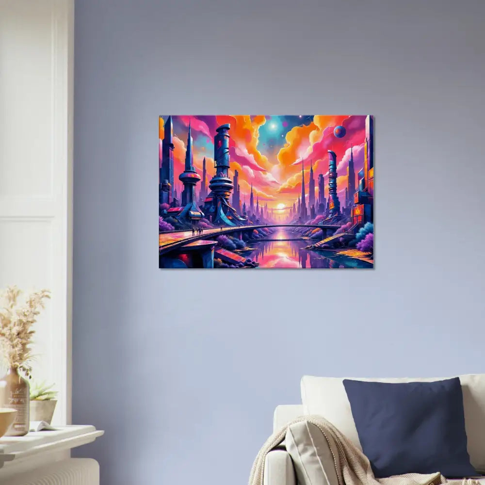 Futurism meets fantasy in a vibrant cityscape with gleaming architecture and a neon-lit river beneath
