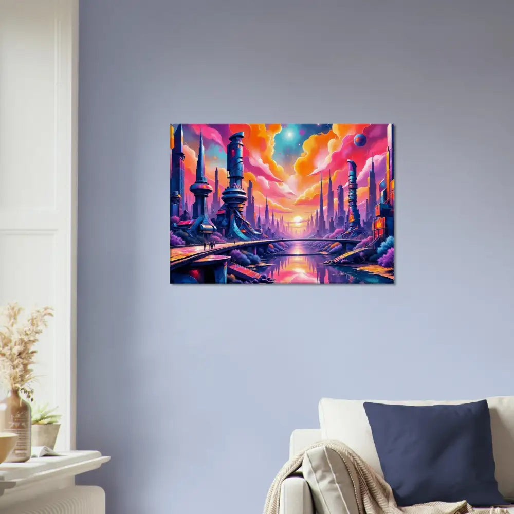 Futurism meets fantasy cityscape with gleaming architecture reflecting neon-lit river beneath sunset sky in PixiOnyx Dreamcore Gallery