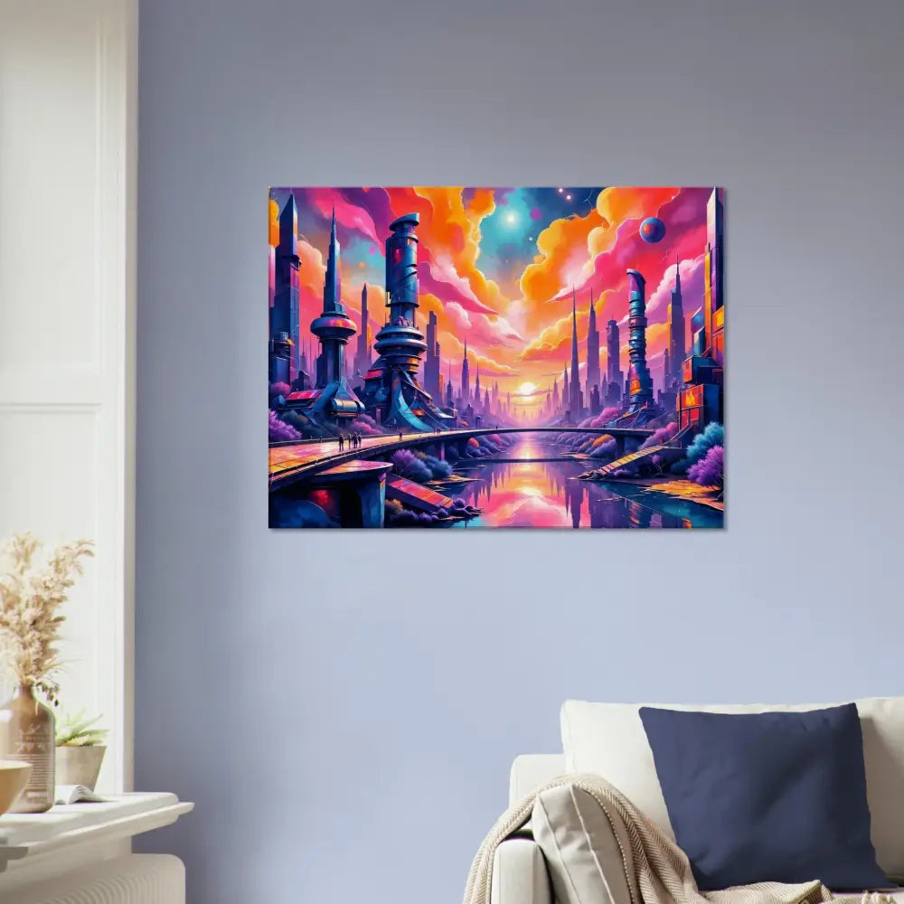 Vibrantly colored futuristic cityscape canvas art showcasing gleaming architecture reflects futurism meets fantasy with a neon-lit river beneath
