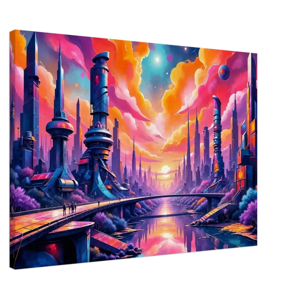 Vibrantly colored futuristic cityscape painting showcasing futurism meets fantasy with gleaming architecture reflects neon-lit river beneath in Canvas – Symphony of Tomorrow | PixiOnyx Dreamcore Gallery
