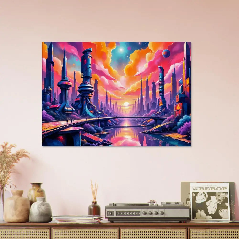 Futurism meets fantasy with gleaming architecture reflecting a neon-lit river beneath a vibrant sunset in Canvas Symphony of Tomorrow artwork