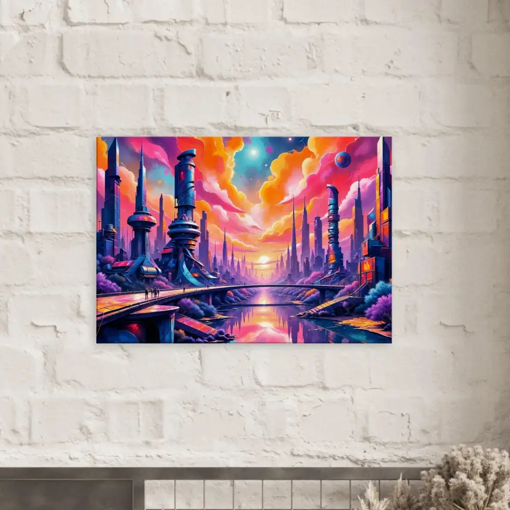 Futurism meets fantasy in a vibrant cityscape painting with gleaming architecture reflects and neon-lit river beneath in Canvas – Symphony of Tomorrow | PixiOnyx Dreamcore Gallery
