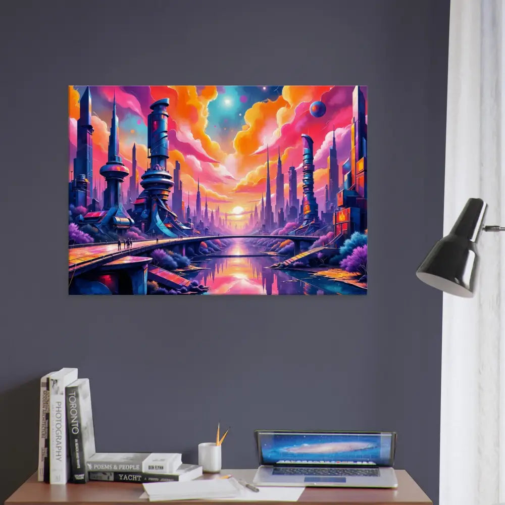 Vibrant Canvas Print of a Futuristic City at Sunset with Gleaming Architecture Reflects Neon-Lit River Beneath