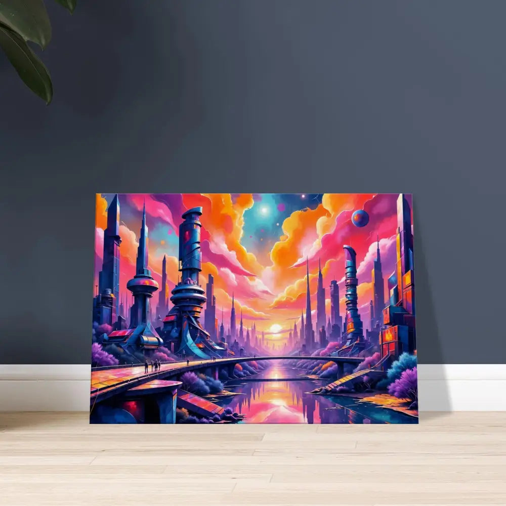 Vibrantly colored futuristic cityscape painting showcasing futurism meets fantasy with gleaming architecture reflects neon-lit river beneath
