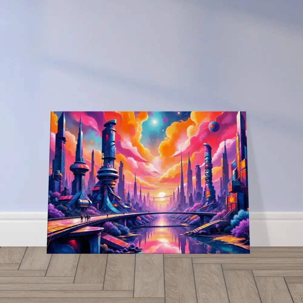 Vibrant futuristic cityscape canvas art showcasing gleaming architecture and neon-lit river beneath