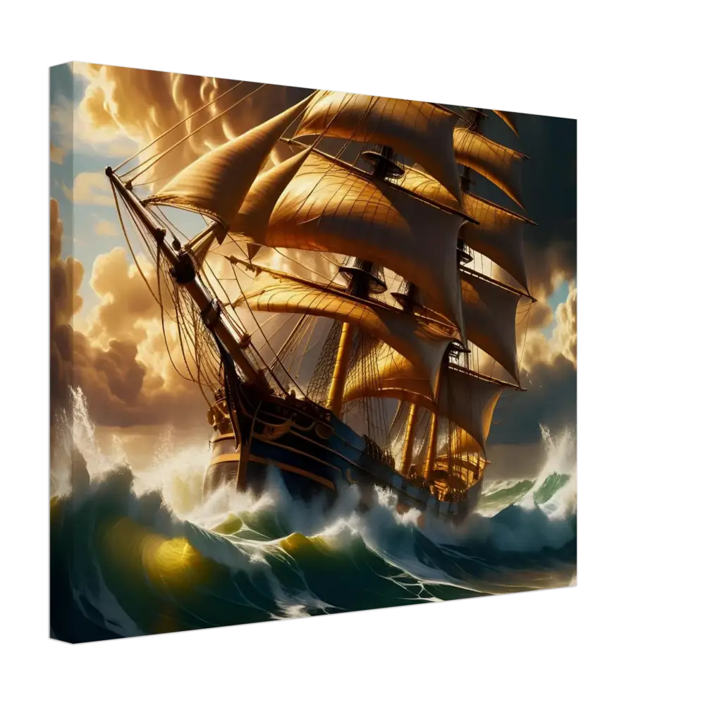 Golden-sailed ship battling stormy seas on Canvas Tempestbound Sovereign PixiOnyx Marine Power Print